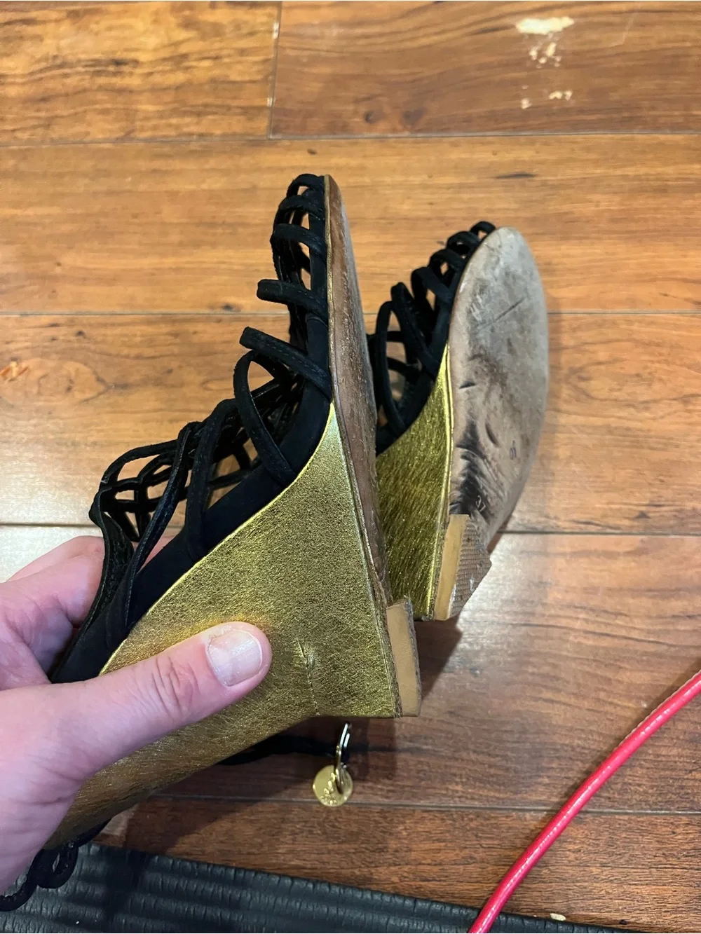 Saint Laurent Black Strappy Wedge Sandals with Gold Wedge Heel size 37